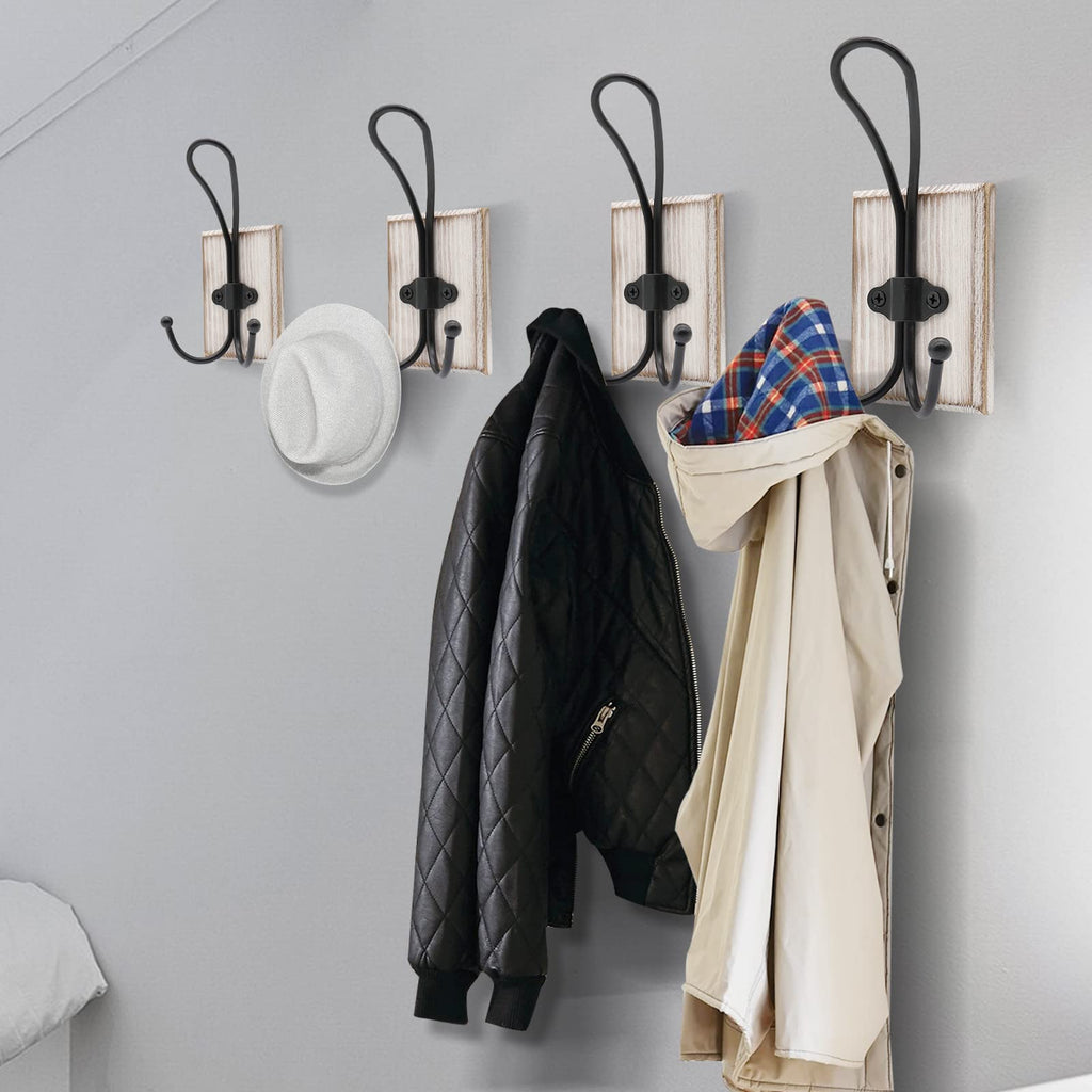 2 Pcs Wooden Pine Hook Rack with Self Adhesive Metal Hooks for Bathroom and Entryway Storage
