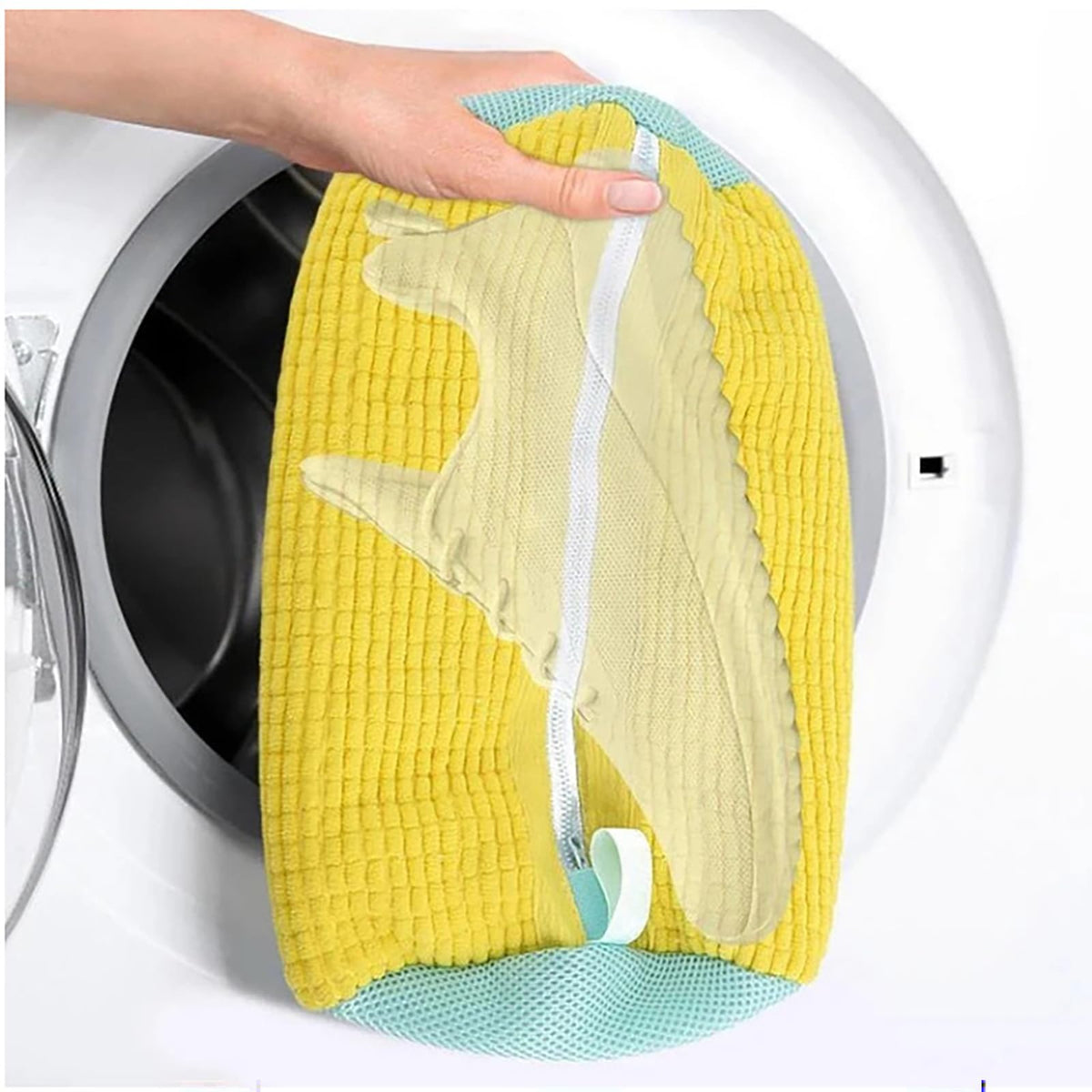 2Pcs Shoe Washing Machine Bag with Self Locking Zipper and Chenille Mesh Design for Washer Dryer Sneaker Cleaning (Brush & Shoes Bag Included)