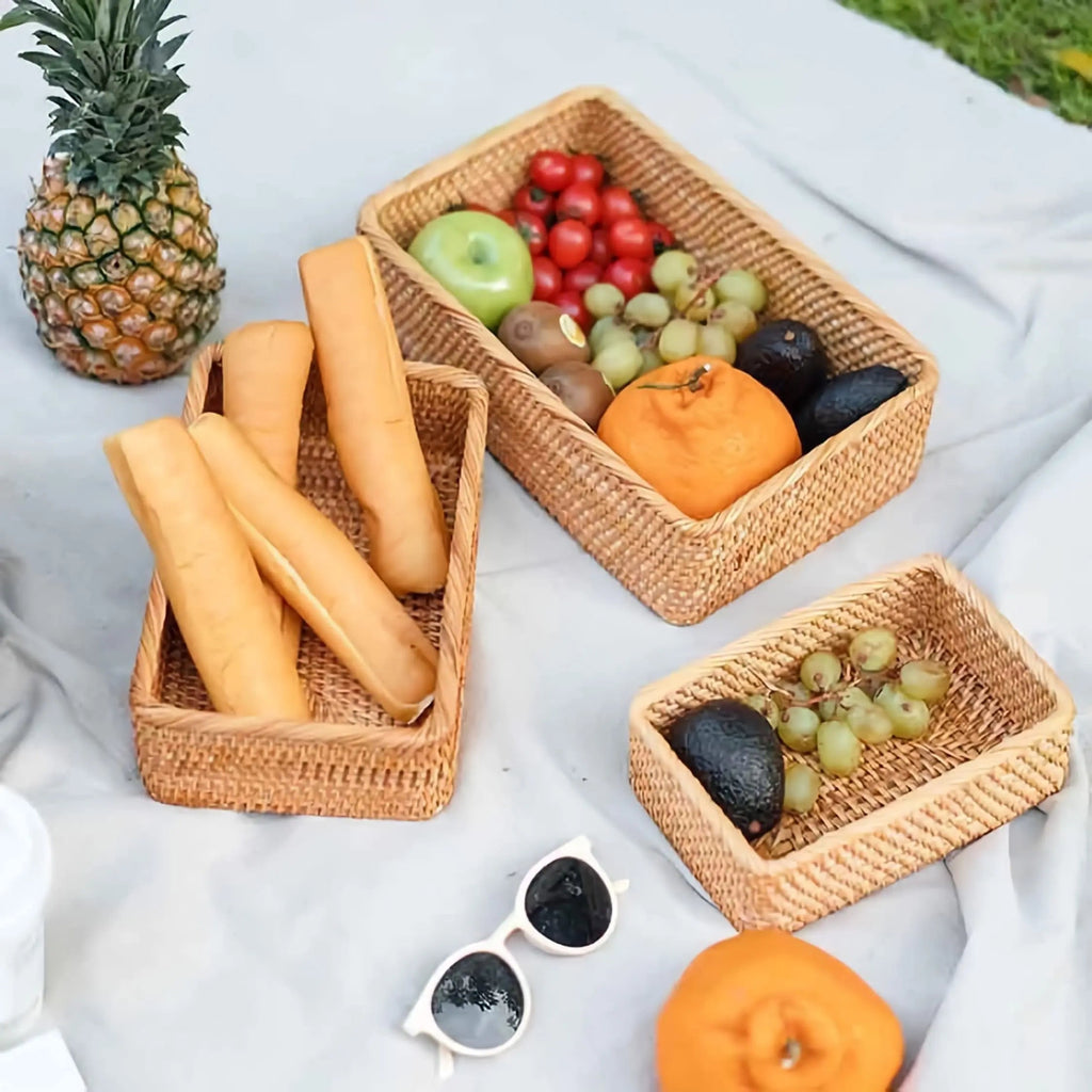 Handwoven Rattan Storage Basket Set of 3 Round Wicker Serving Trays for Kitchen and Countertop