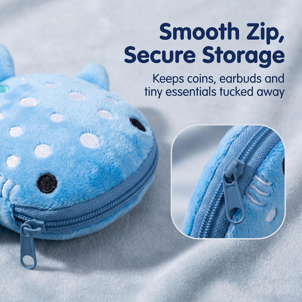 Cartoon Shark Plush Coin Purse with Keyring and Zippered Storage for Coins, Earphones and Small Accessories