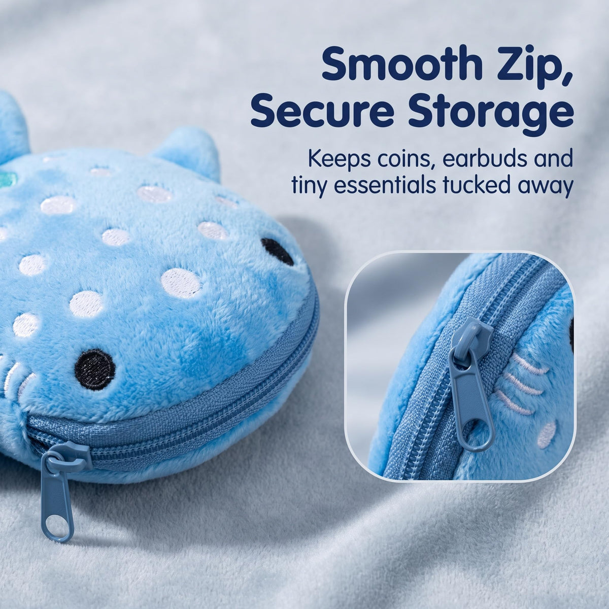 Cartoon Shark Plush Coin Purse with Keyring and Zippered Storage for Coins, Earphones and Small Accessories