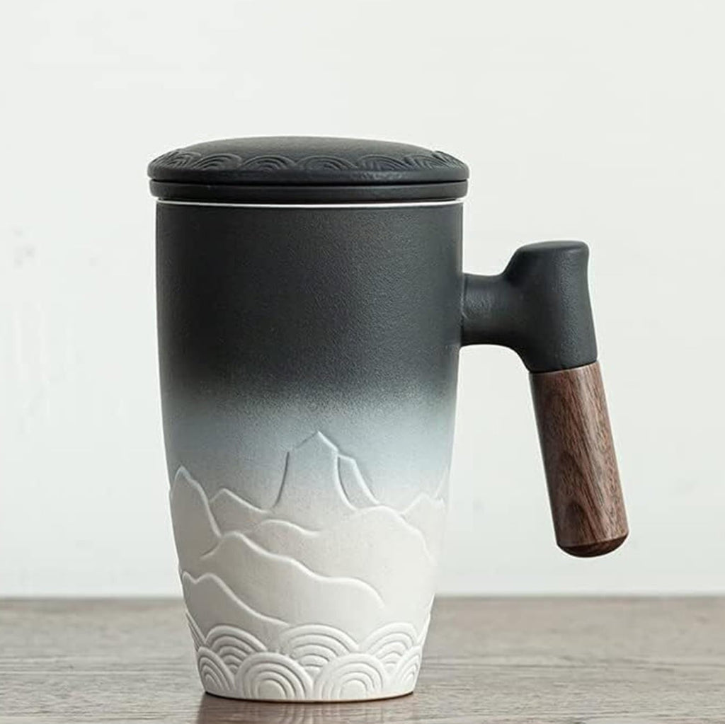 Ceramic Mug with Cover and Wooden Handle for Tea, Coffee, or Hot Beverages in Home and Office Use