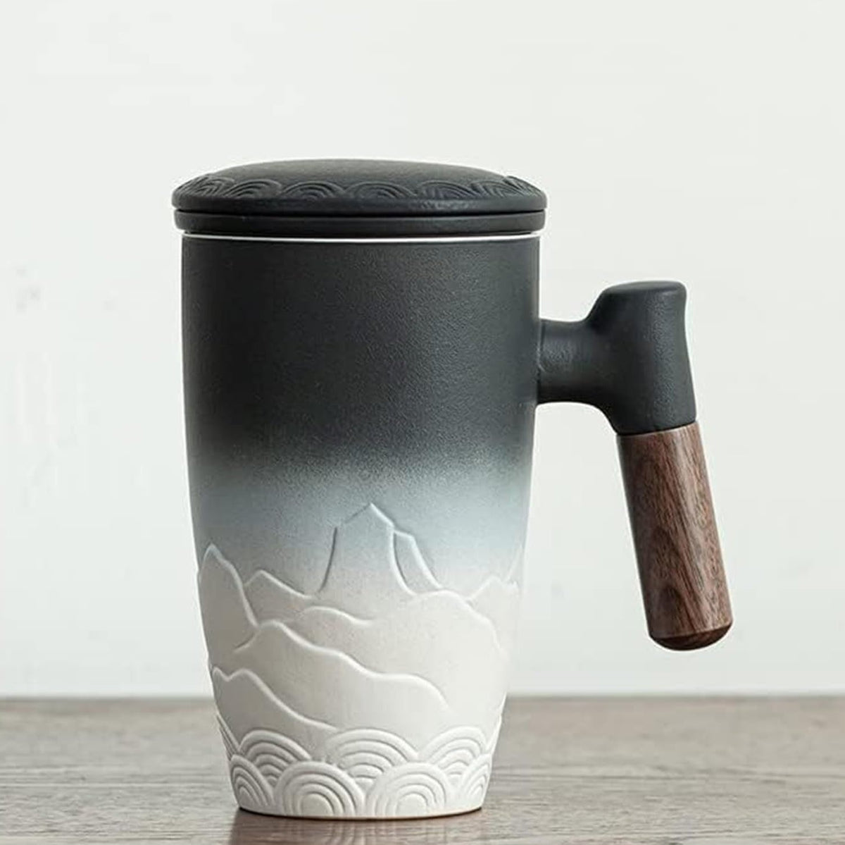 Ceramic Mug with Cover and Wooden Handle for Tea, Coffee, or Hot Beverages in Home and Office Use