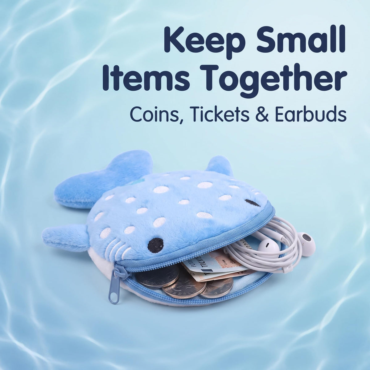 Cartoon Shark Plush Coin Purse with Keyring and Zippered Storage for Coins, Earphones and Small Accessories