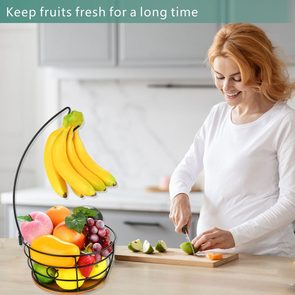 Fruit Basket Bowl with Banana Hanger for Countertop Kitchen Fruit Storage