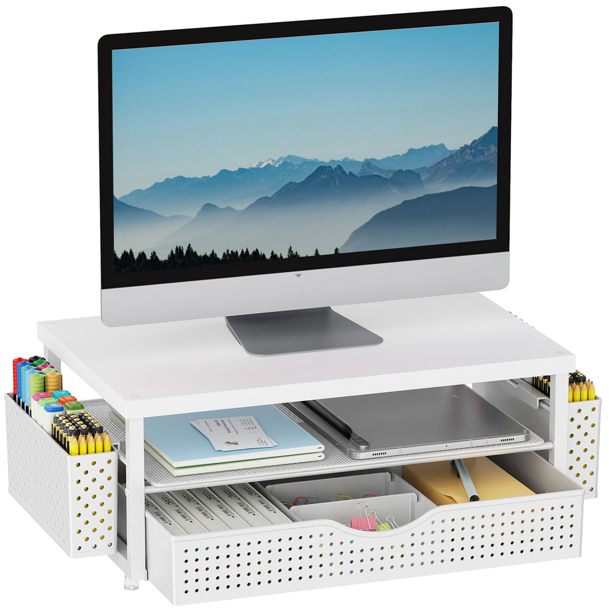 Wood Monitor Stand Riser with Drawer and Pen Holders for Office Desk Storage
