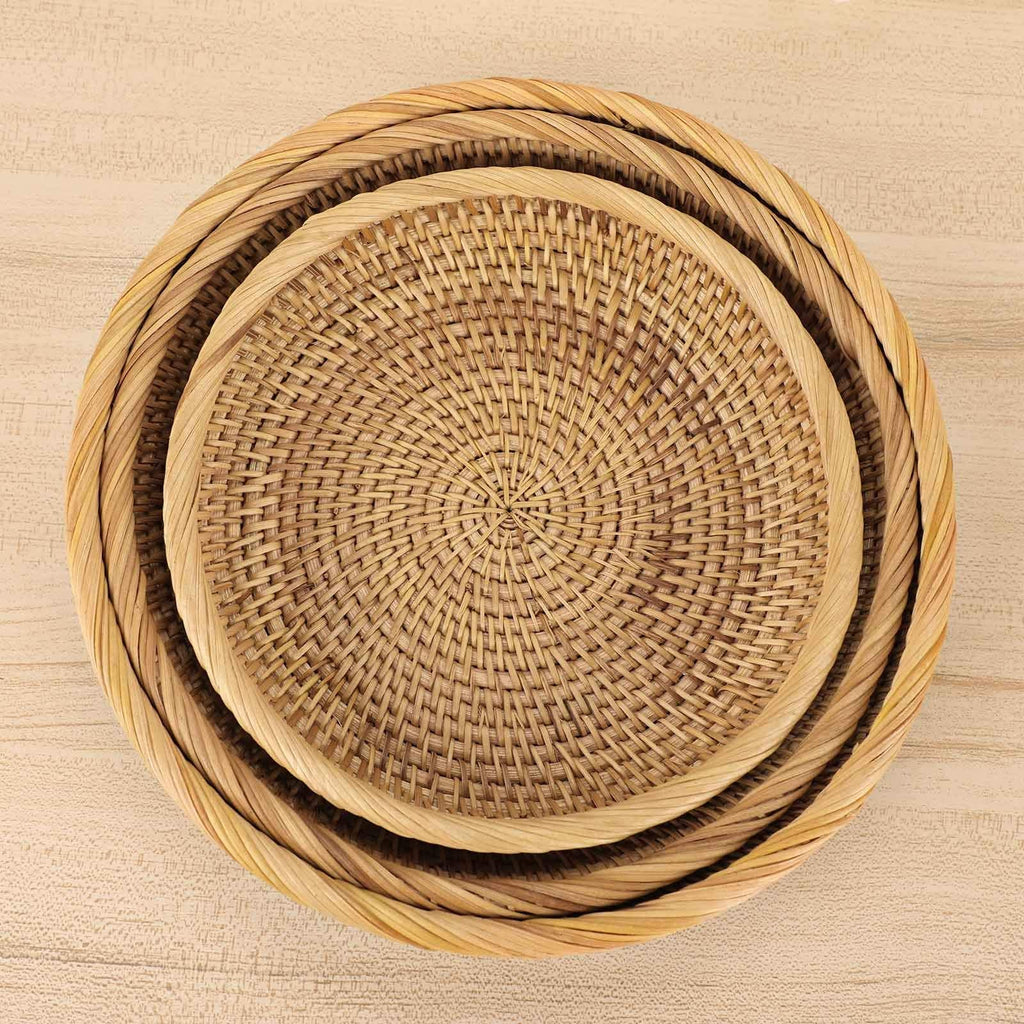 Handwoven Rattan Storage Basket Set of 3 Round Wicker Serving Trays for Kitchen and Countertop
