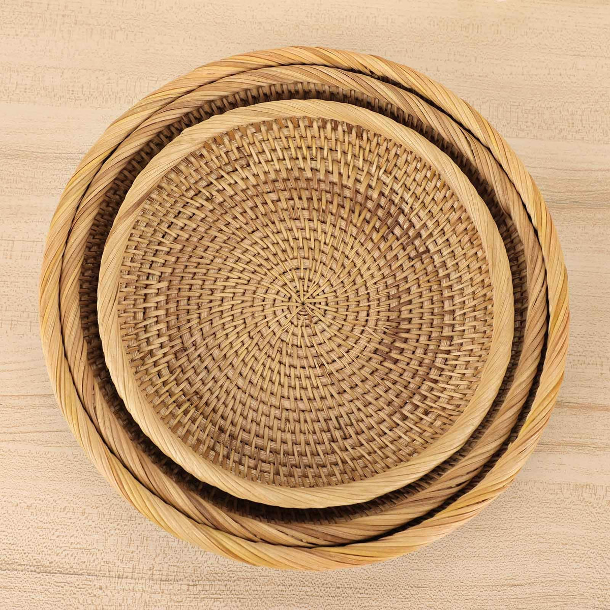 Handwoven Rattan Storage Basket Set of 3 Round Wicker Serving Trays for Kitchen and Countertop
