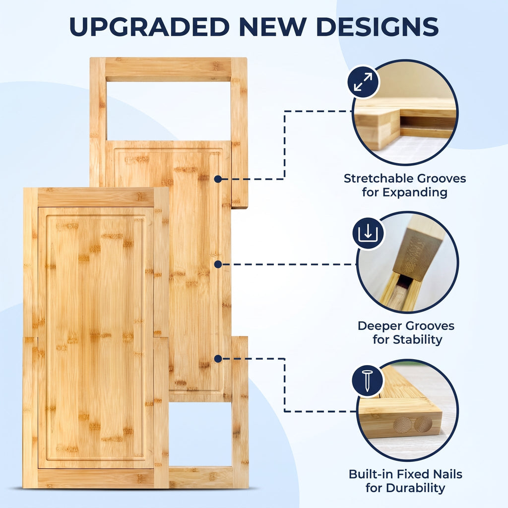 Expandable Bamboo Cutting Board with Juice Groove for Over-Sink Food Preparation and Extra Counter Space