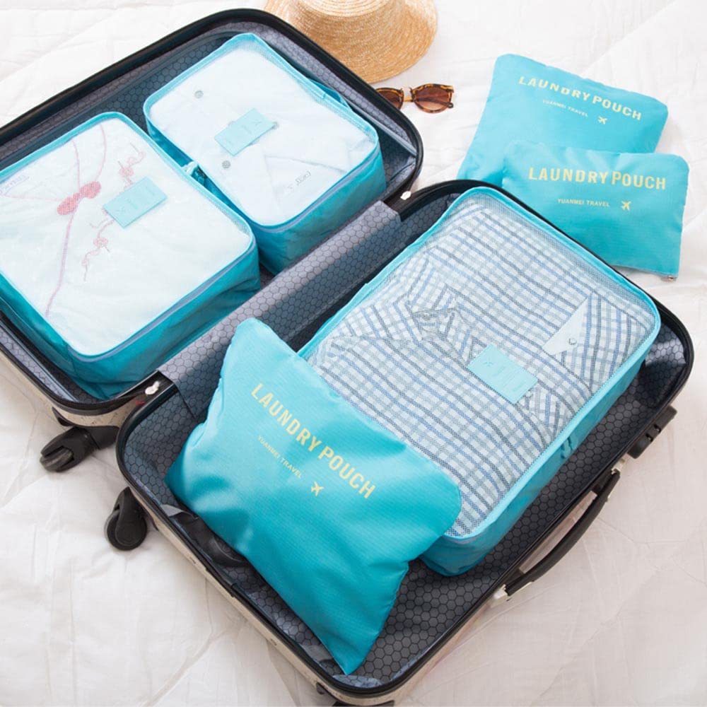 Six-Piece Travel Packing Cubes Set with Mesh Panels for Luggage and Suitcase Organization