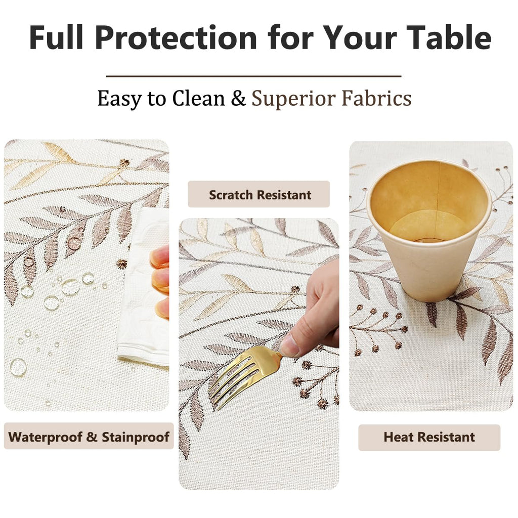 Linen Style Embroidered Tablecloth Waterproof Wrinkle Resistant Rectangle Cover for Dining Room and Outdoor Use