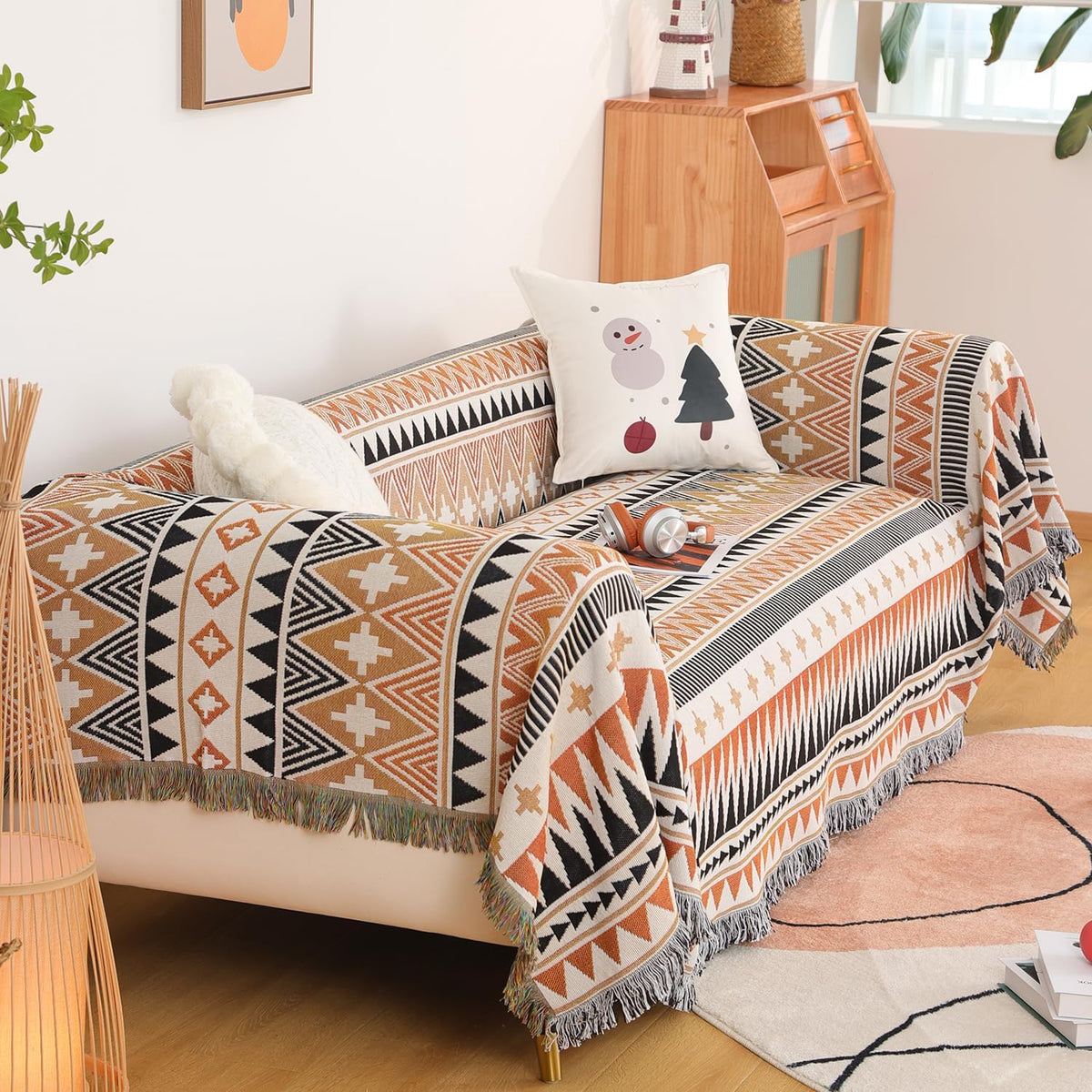 Boho Decorative Throw with Geometric Woven Design for Sofa and Home Decor