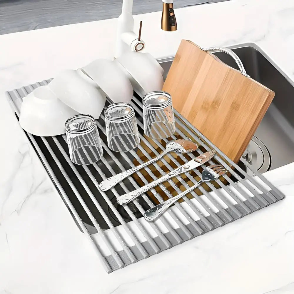 Over The Sink Roll Up Dish Drying Rack Stainless Steel Foldable Drainer 18x9 Inch