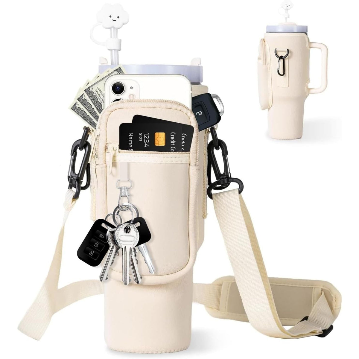 Water Bottle Carrier Bag with Adjustable Strap and Phone Pocket for 40oz Handled Tumblers