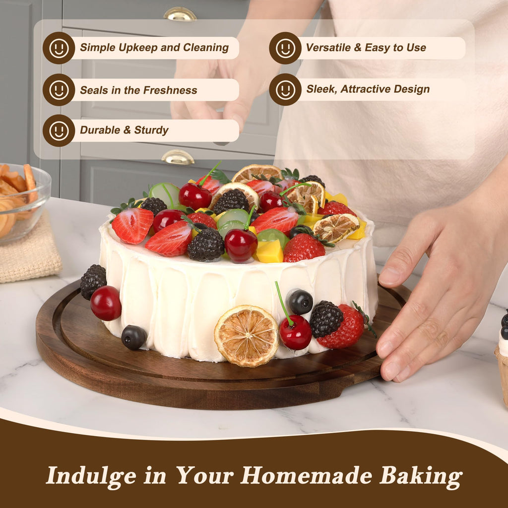 12-Inch Rotary Wooden Cake Stand with Dome Top Cover for Wedding Cupcakes and Dessert Displays (13×13×8"/32×32×20cm)