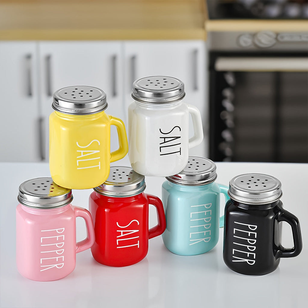 Handled Glass Shaker Set with Stainless Steel Lids for Salt Pepper and Home Table Seasoning