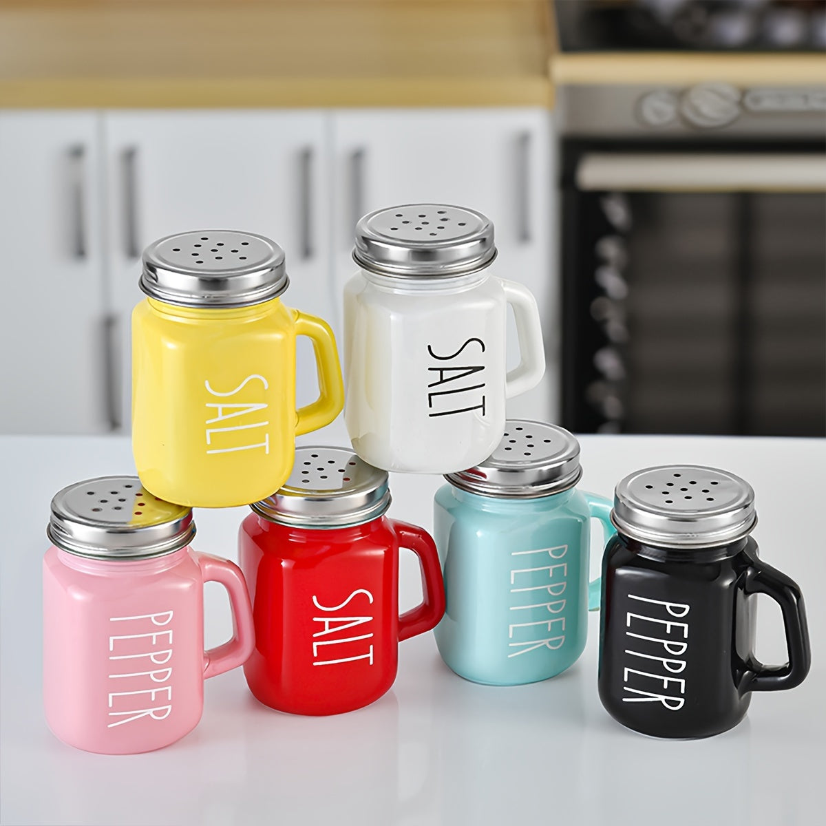 Handled Glass Shaker Set with Stainless Steel Lids for Salt Pepper and Home Table Seasoning