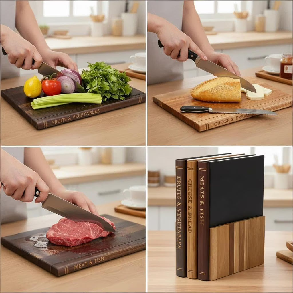 3 Pcs Wood Cutting Boards Set 3 Piece Book Shaped Thick Chopping Boards for Meat Vegetables Cheese and Kitchen Use