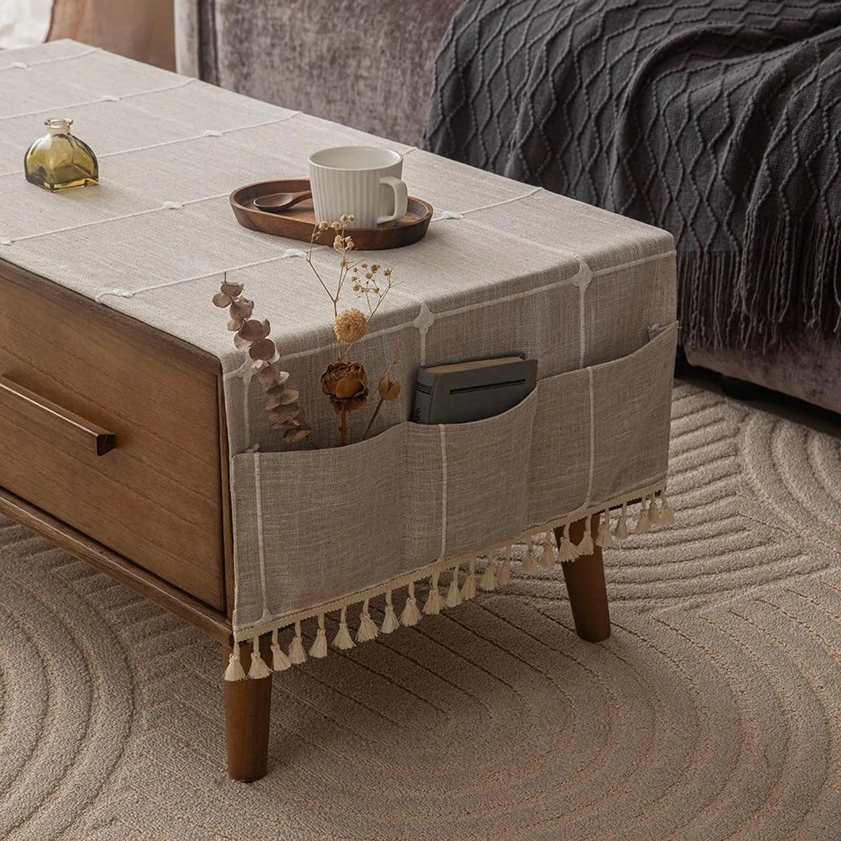 Tasseled Coffee Table Cloth with Storage Pockets for Rectangular Tables