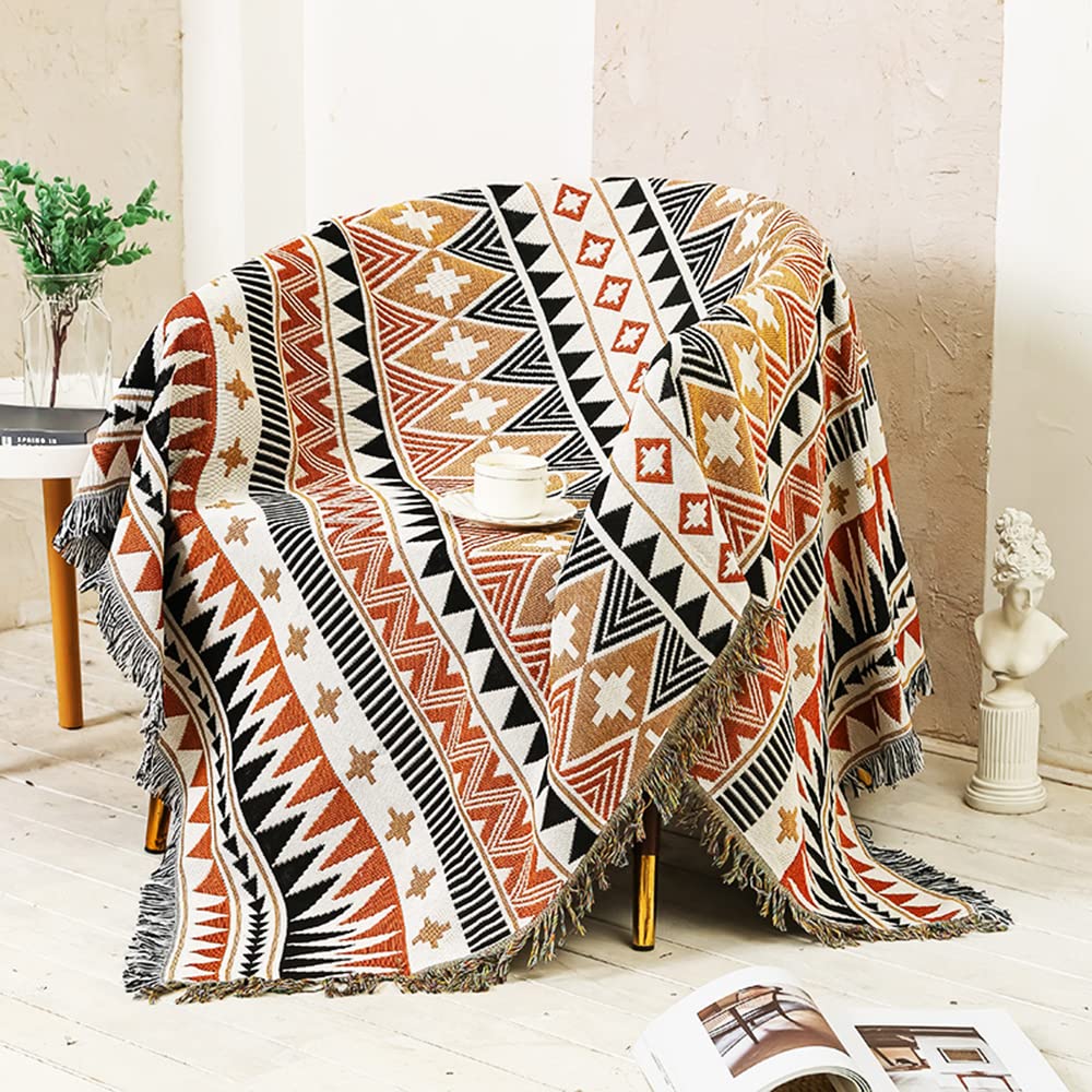 Boho Decorative Throw with Geometric Woven Design for Sofa and Home Decor