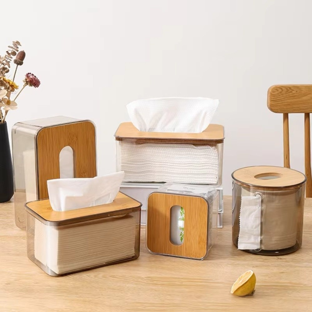 Transparent Tissue Box Holder with Bamboo Lid for Living Room, Bedroom, Office, and Bathroom Storage