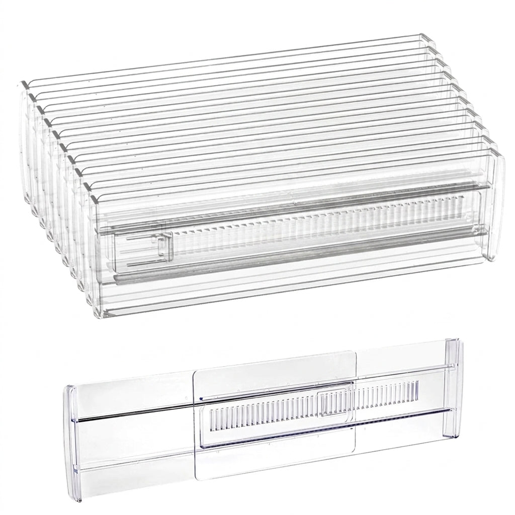 Clear Expandable Drawer Organizers with Adjustable Divider Design for Clothes and Kitchen Storage