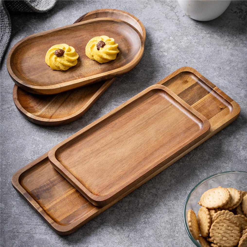 Solid Wood Serving Tray Oval Round Wooden Plate Platter for Serving Food Desserts Dinner Table
