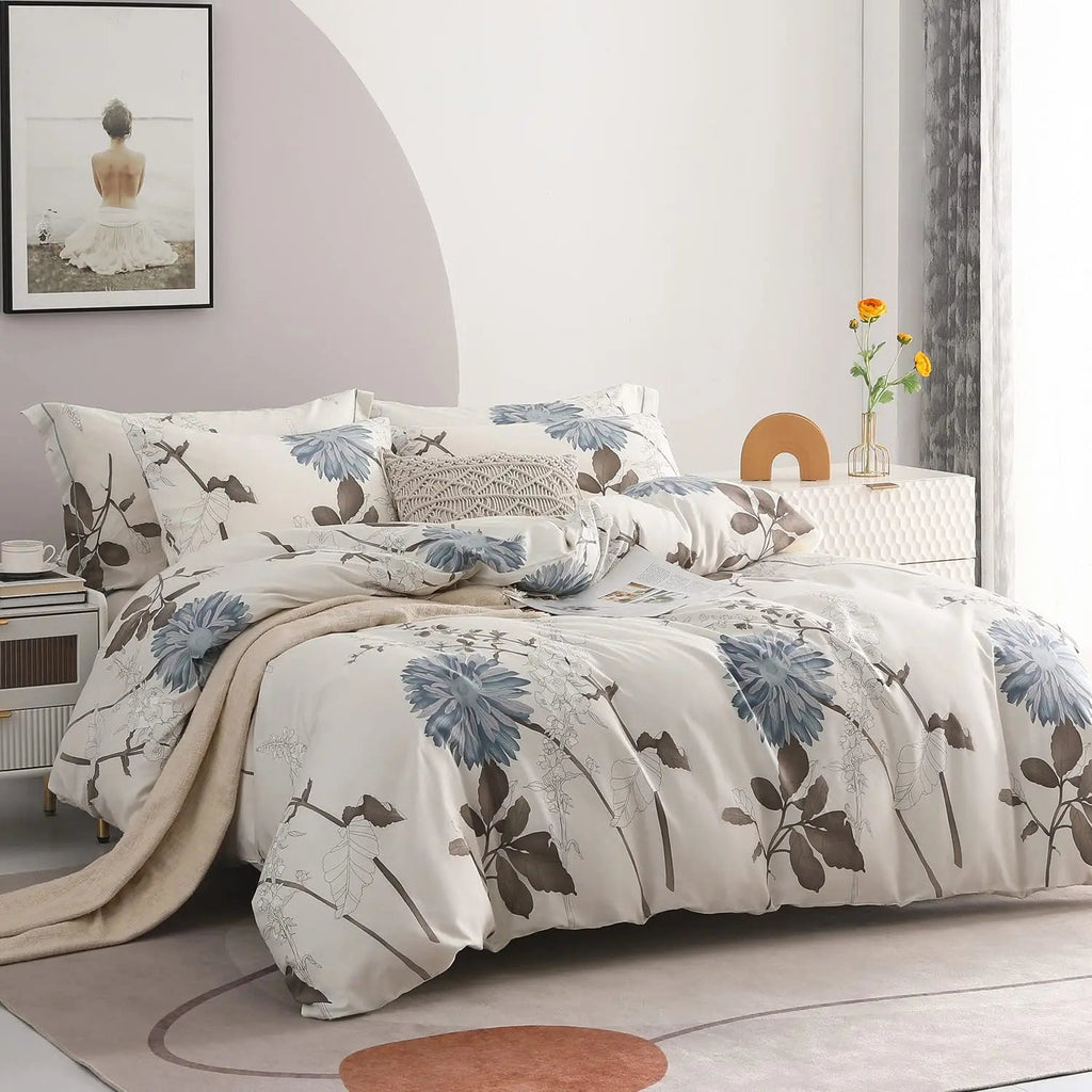 Botanical Floral Cotton Duvet Cover with Reversible Design for King Bedding