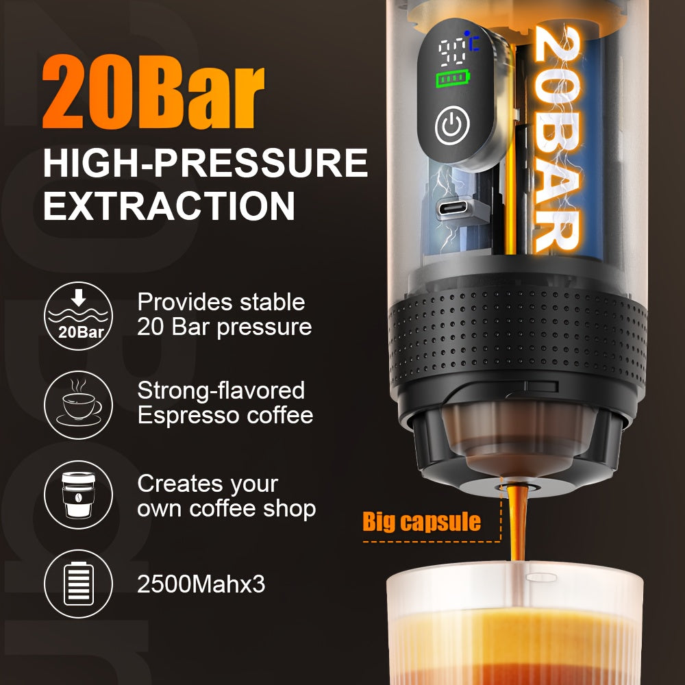 Portable Espresso Coffee Machine with Digital Display and 3 in 1 Capsule Design for Travel and Camping Use