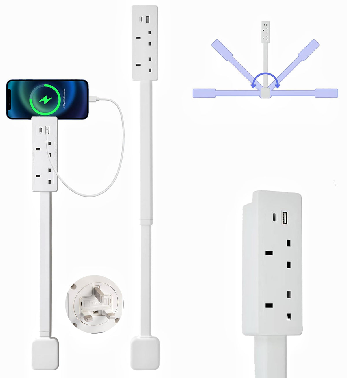 Rotating Wall Outlet Extender Adjustable Length Power Socket with 180 Degree Swivel Design for Bedside and Home Use