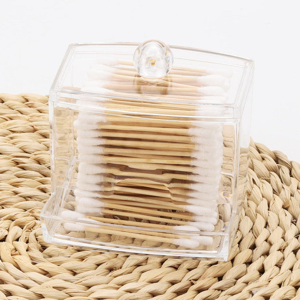 Cotton Swab Storage Box with Bamboo Lid Transparent Square Container for Bathroom Vanity and Toothpick Organization