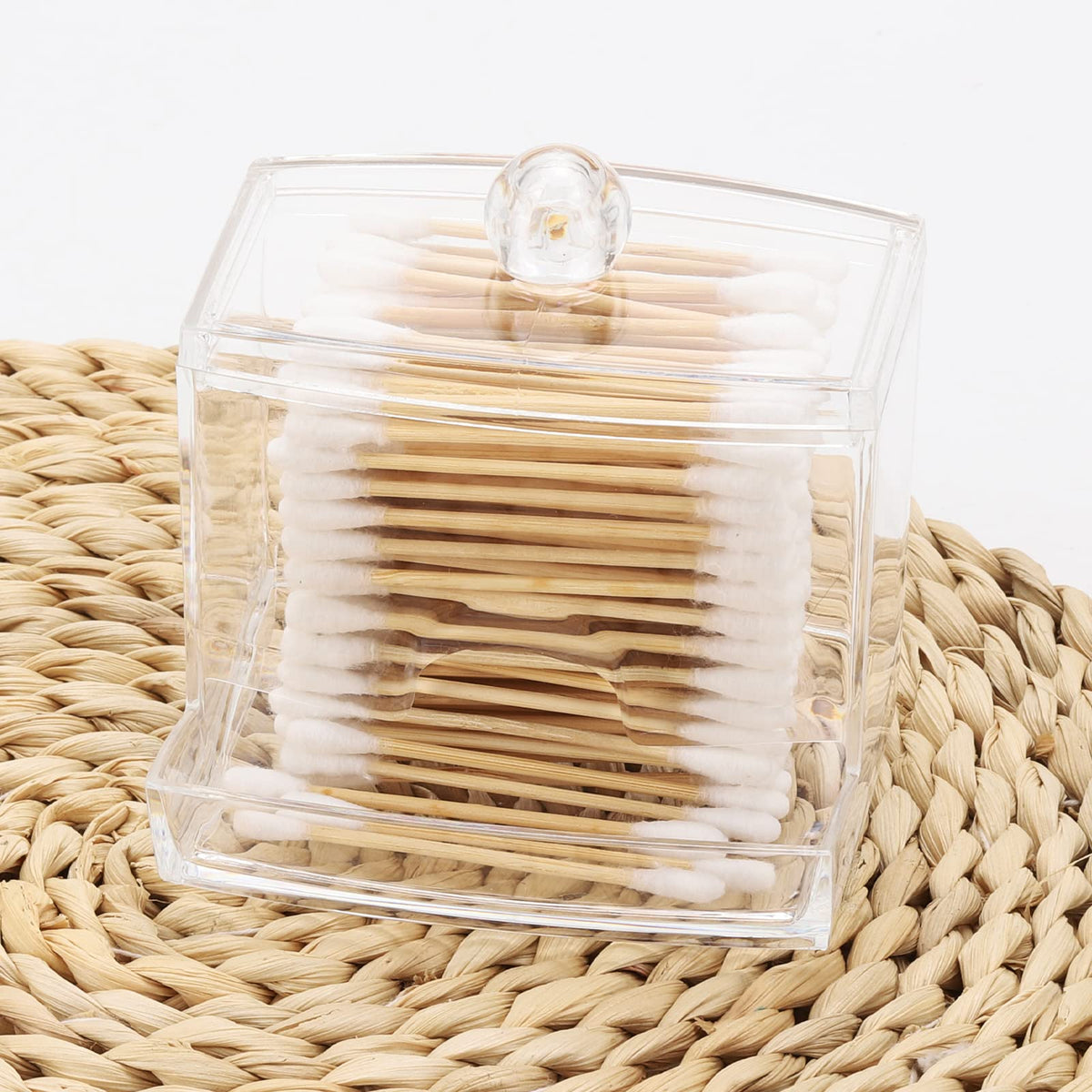 Cotton Swab Storage Box with Bamboo Lid Transparent Square Container for Bathroom Vanity and Toothpick Organization