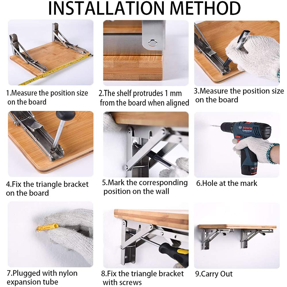 Folding Shelf Brackets Stainless Steel Wall Mounted Collapsible Support for Table Workbench and Shelf Storage