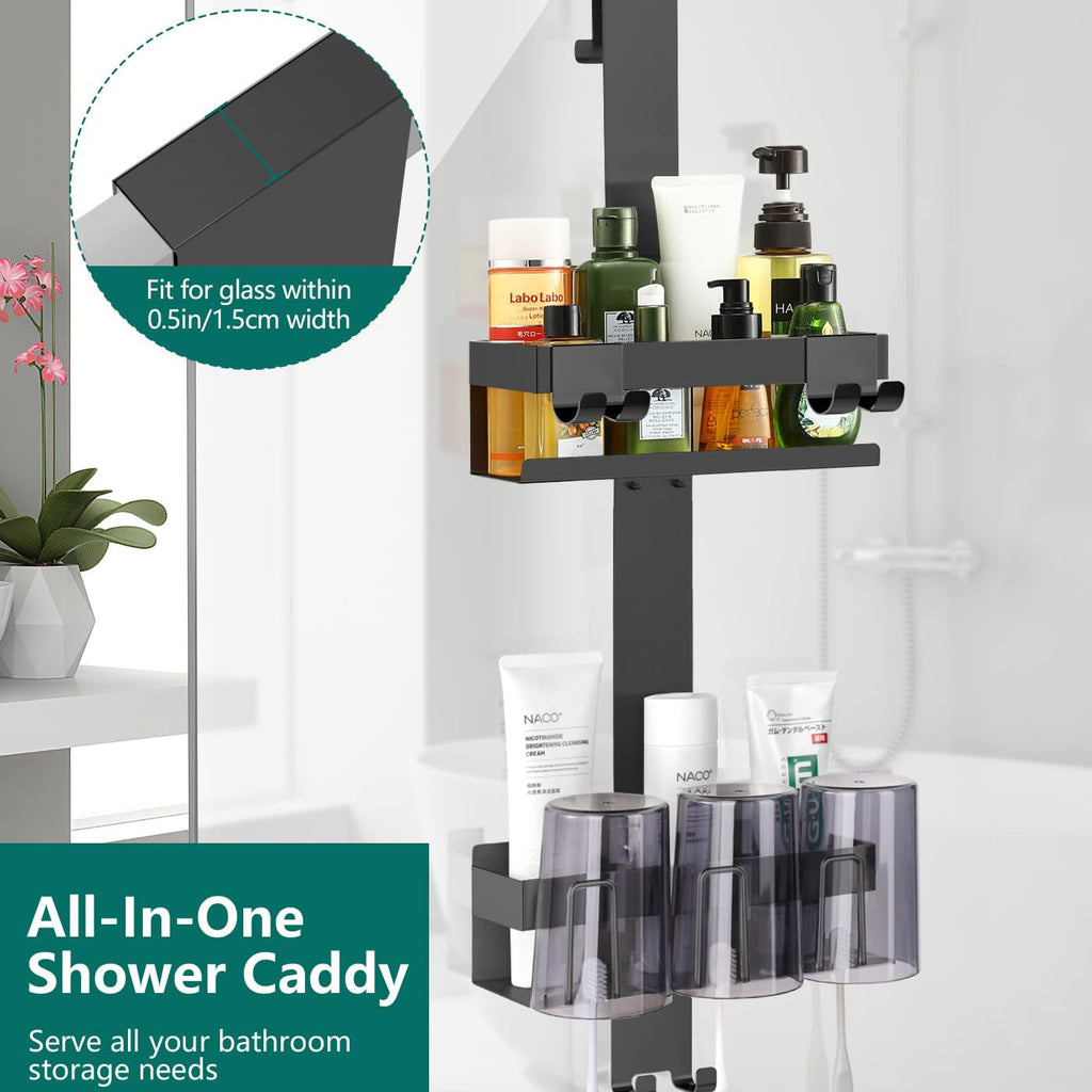 No Drill Stainless Steel Bathroom Shelf with Hooks for Shower Storage and Bathroom Organization