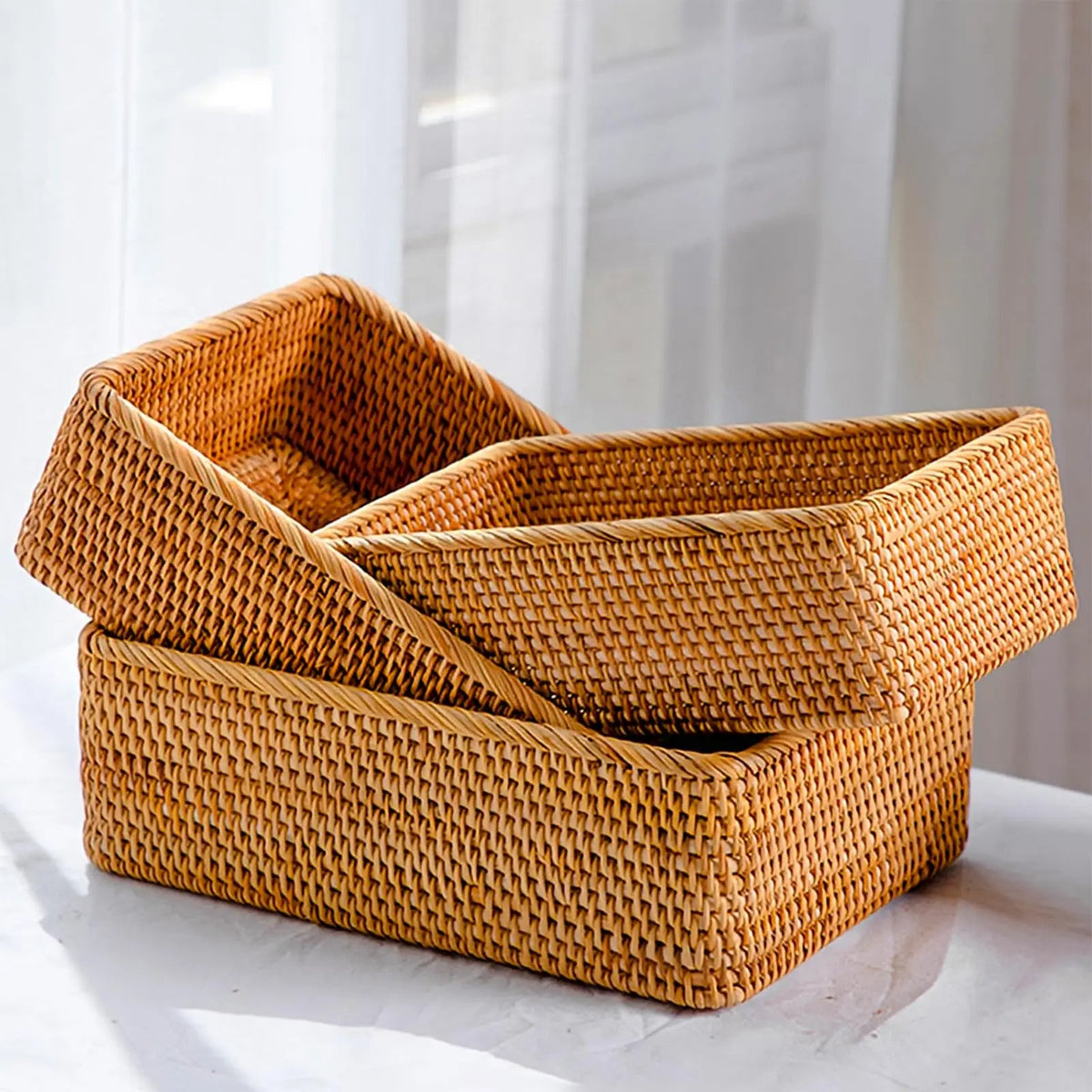 Handwoven Rattan Storage Basket Set of 3 Round Wicker Serving Trays for Kitchen and Countertop