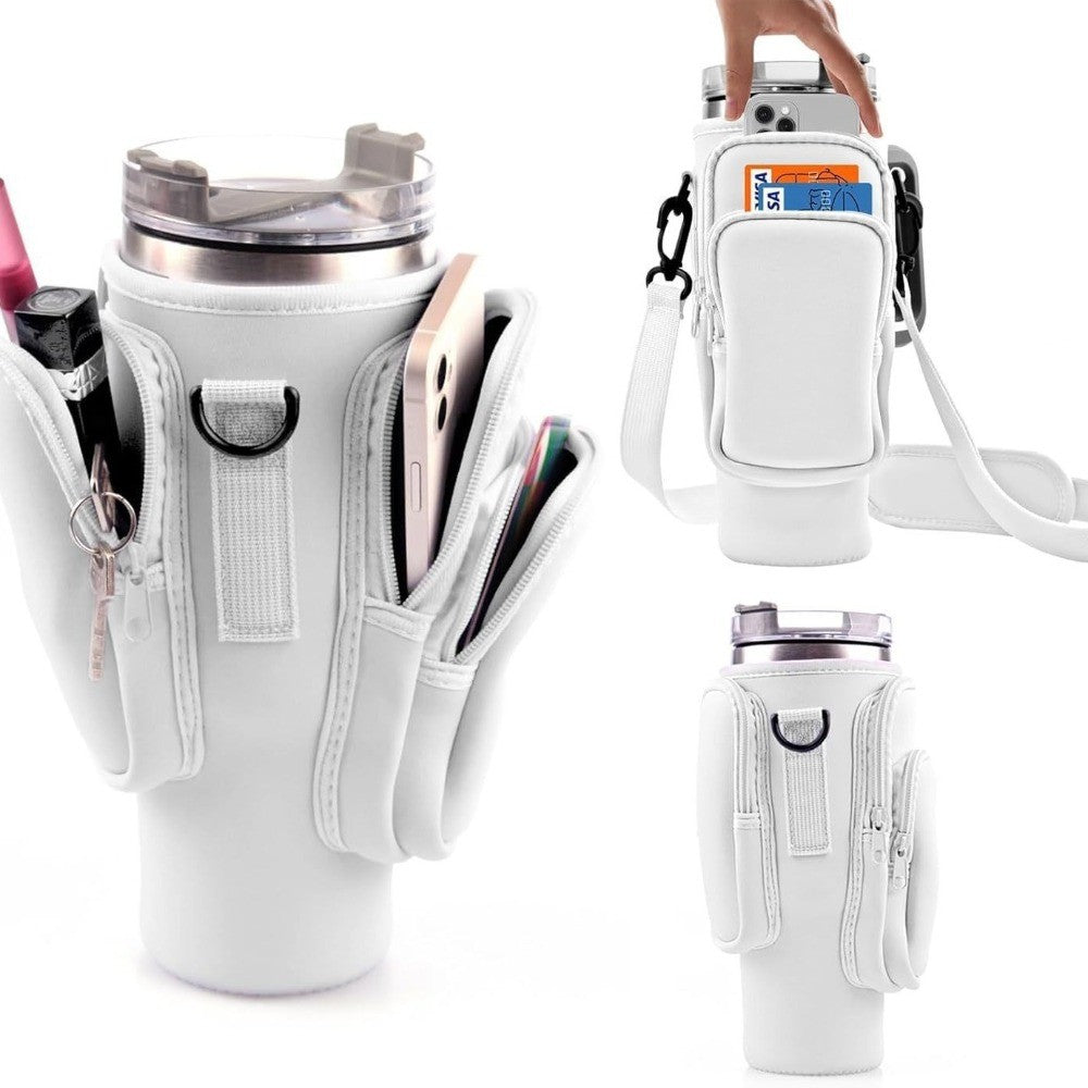 Crossbody Tumbler Carrier with Insulated Neoprene Sleeve and Storage Pockets for 30oz and 40oz Tumblers