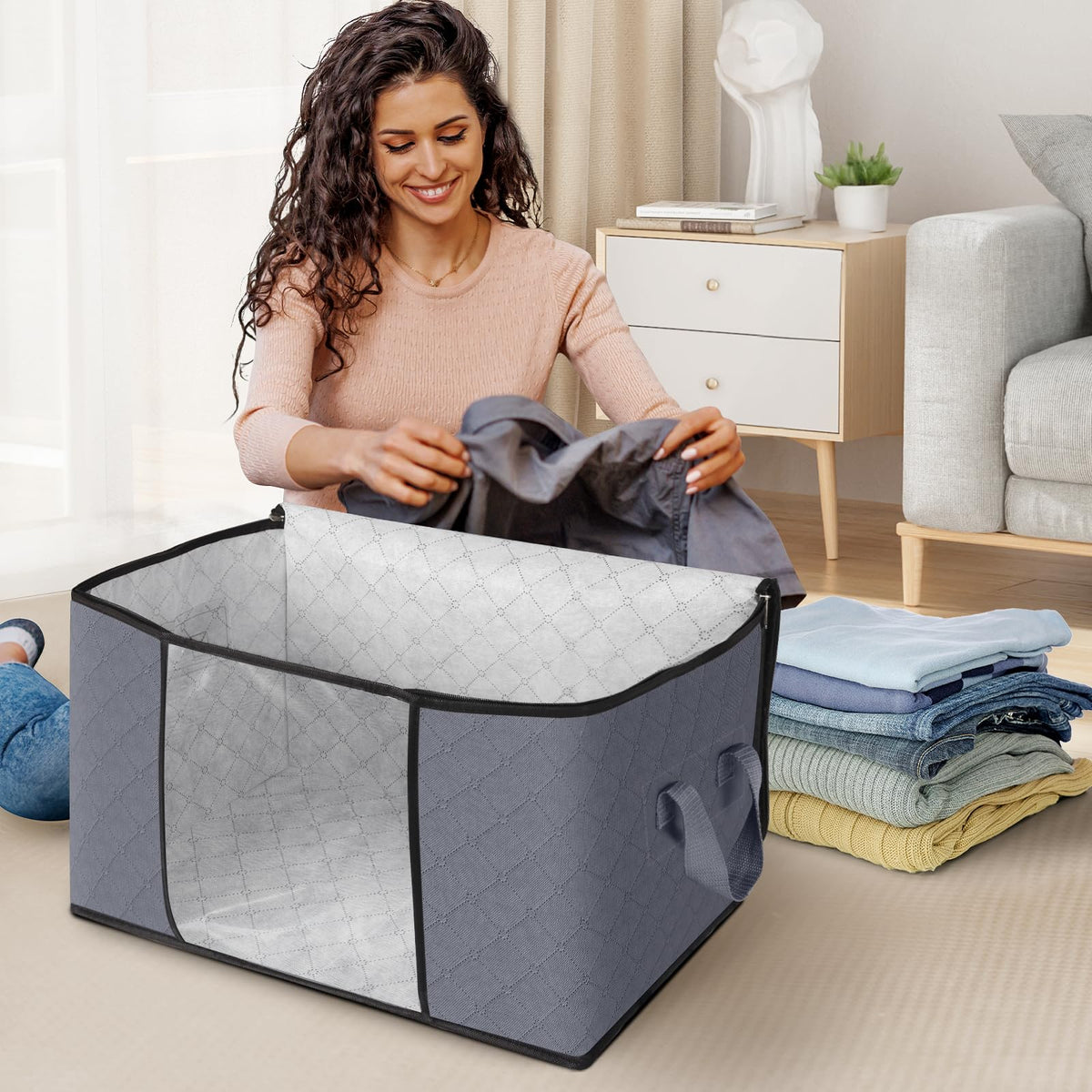 2Pcs Zippered Storage Bags with Clear Window and Carry Handles for Closet and Bedding Organization