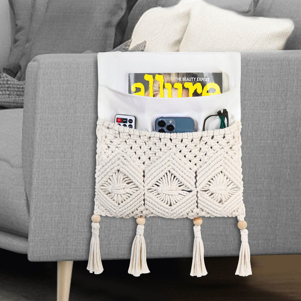 Boho Armrest Organizer with Handmade Hanging Pocket Design for Sofas Beds Remotes and Magazines