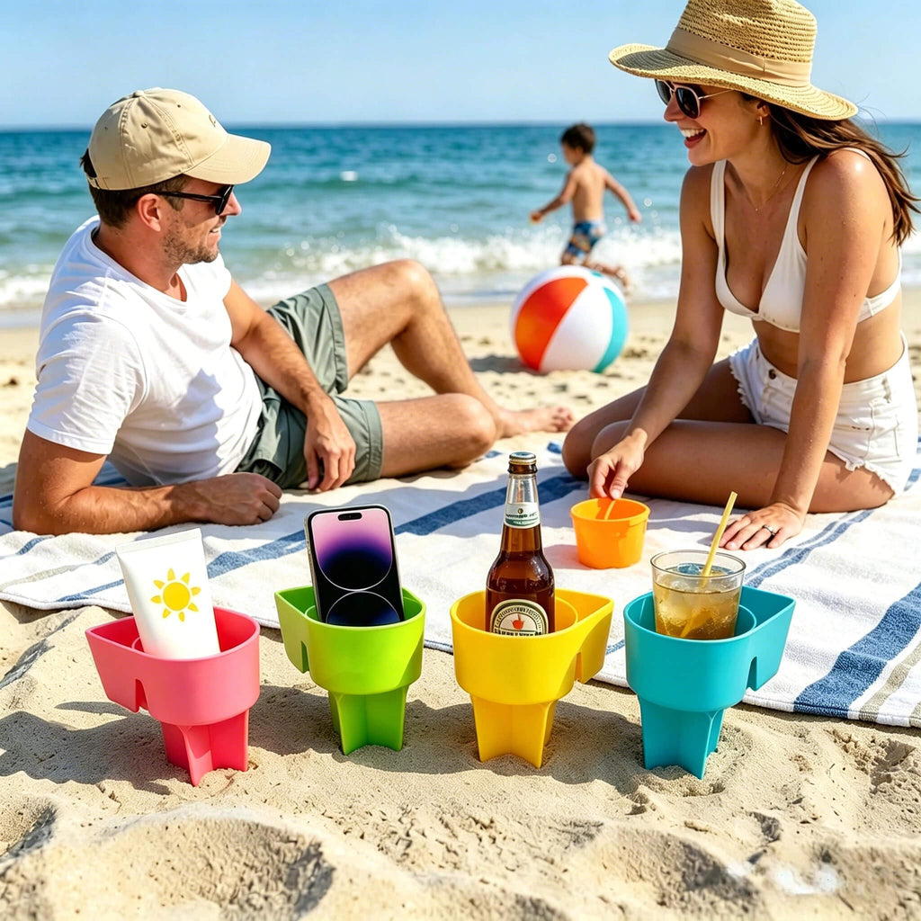 Beach Cup Holder with Ground Stake and Storage Tray Design for Drinks Phones Snacks and Outdoor Use