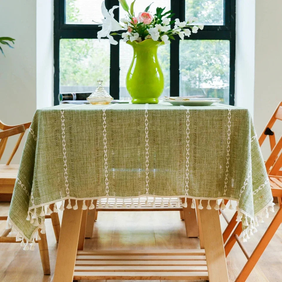 Farmhouse Style Linen Tablecloth with Hemstitched Edges for Rectangle Dining Tables