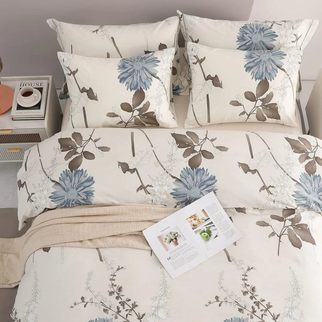 Botanical Floral Cotton Duvet Cover with Reversible Design for King Bedding