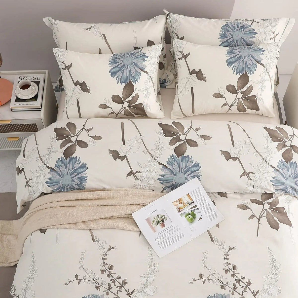 Botanical Floral Cotton Duvet Cover with Reversible Design for King Bedding