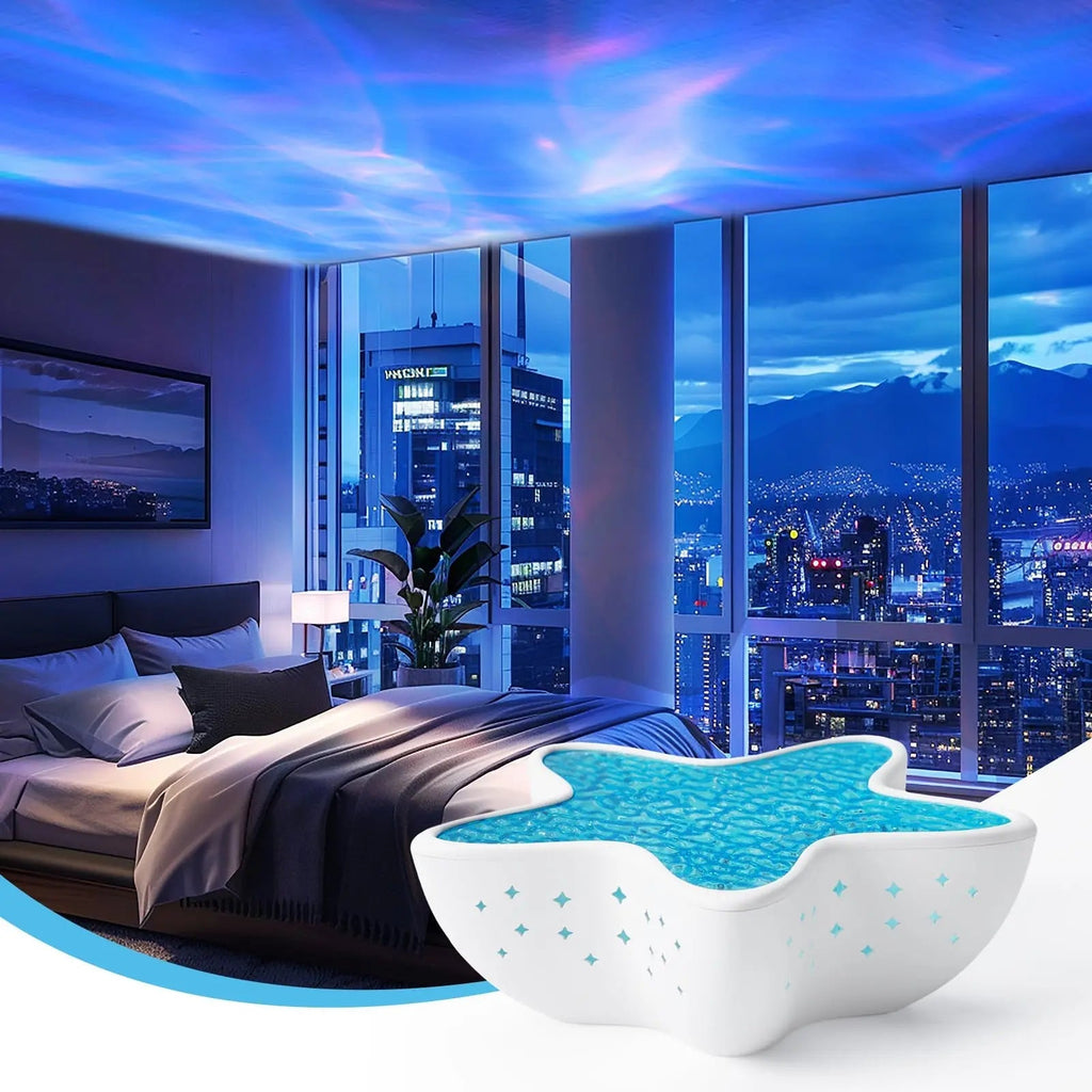 Starfish Projection Lamp with Seven Color Ocean Wave Lighting and USB Rechargeable Design for Bedroom and Ambient Room Decor