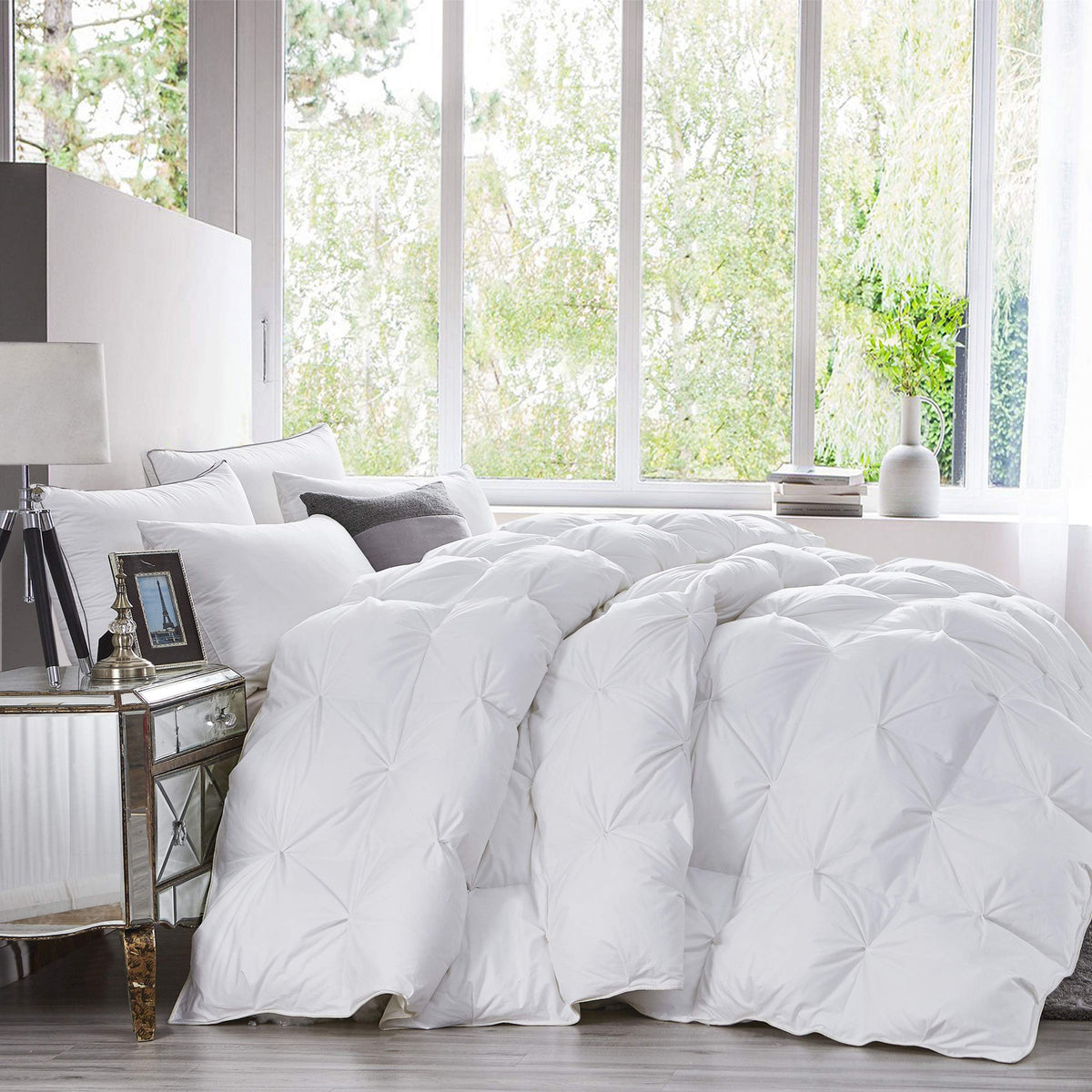 Goose Down Comforter with Pinch Pleat Design and All Season Medium Warmth for Relaxed Sleep Comfort