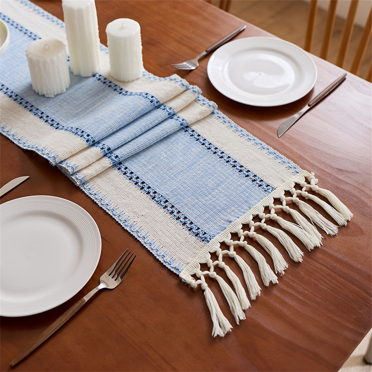 Brown Boho Macrame Table Runner with Tassels Farmhouse Dining Decor