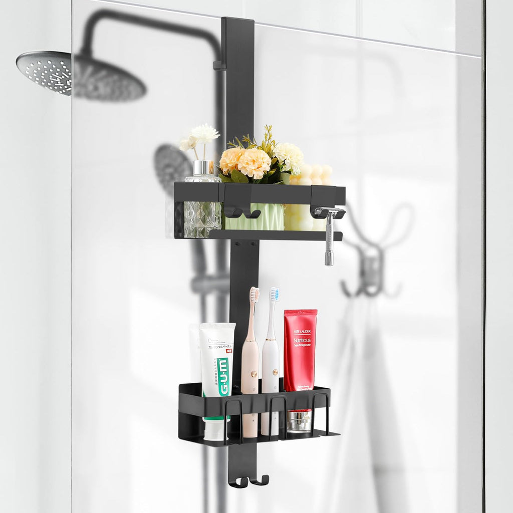 No Drill Stainless Steel Bathroom Shelf with Hooks for Shower Storage and Bathroom Organization