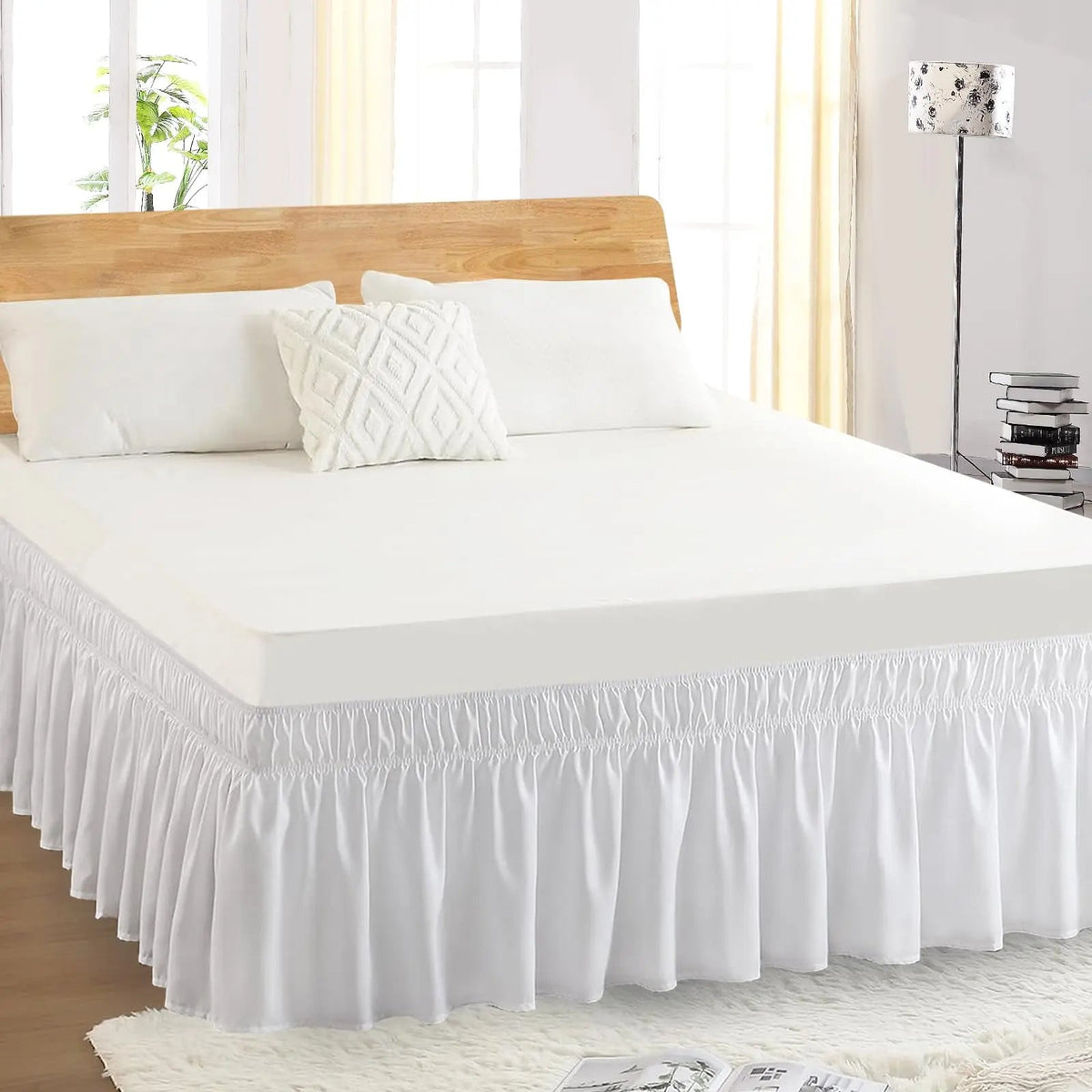 Queen Bed Skirt Elastic Wrap Around Dust Ruffle Wrinkle and Fade Resistant for Adjustable Beds