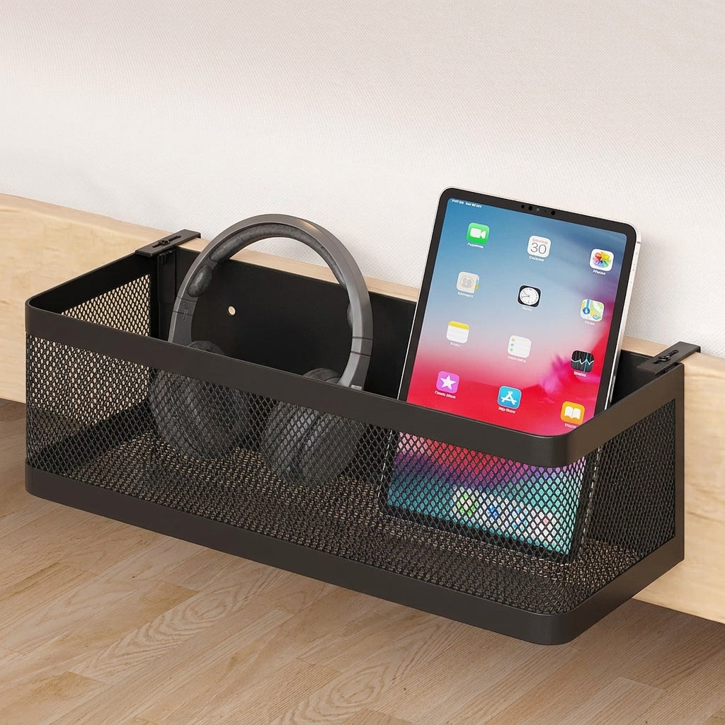 Metal Bedside Hanging Basket Organizer with Hooks for Dorm Rooms, Bunk Beds, and Small Space Storage