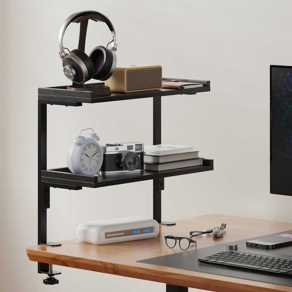 Clamp Desk Shelf with Two Tier Wood Shelving for Office Desk and Gaming Accessory Storage