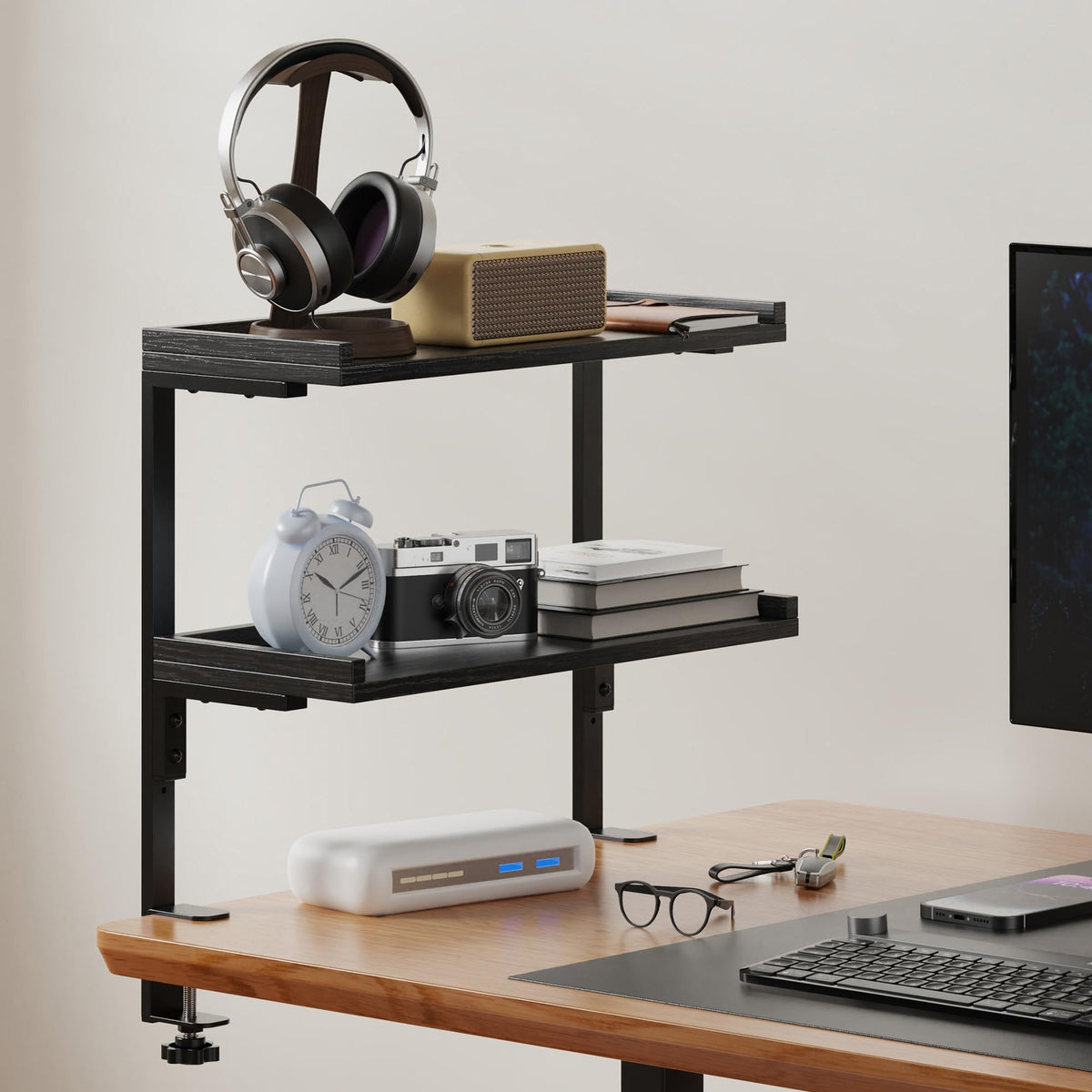 Clamp Desk Shelf with Two Tier Wood Shelving for Office Desk and Gaming Accessory Storage